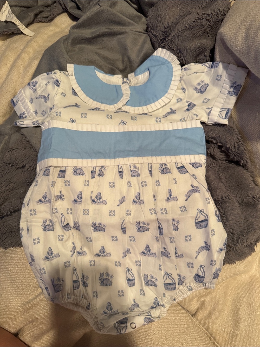 Classic Blue & White Printed Bubble Romper with Peter Pan Collar